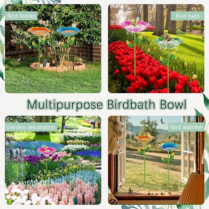 4 Pack Bird Baths for Outdoors, Colorful Metal Bird Bath for Outside, Hummingbird Bath with Five Stakes, Garden Flower Small Birdbath for Garden Decor (Red,Yellow,Blue,Green)
