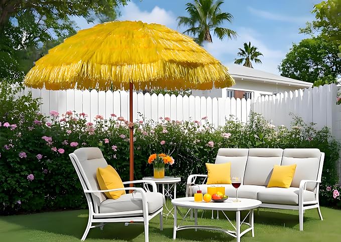 AMMSUN 7.5ft Hula Thatched Tiki Patio Beach Umbrella Hawaiian Style 10 Ribs UPF 50+ with Tilt Carry Bag for Outdoor Tiki Bar, Tropical Palapa, Patio Garden Beach Pool Backyard Yellow