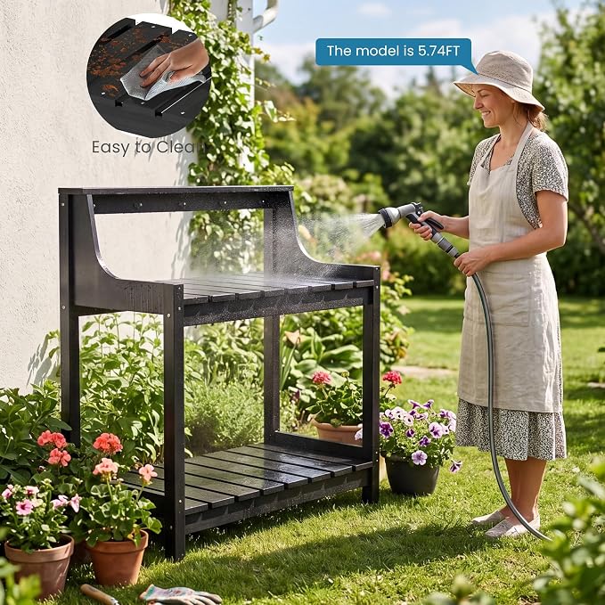Garden Potting Bench for Outside, HDPE Outdoor Potting Table with Storage Shelves & Tool Hooks, All Weather Planting Workstation for Patio Backyard Garden (Black)