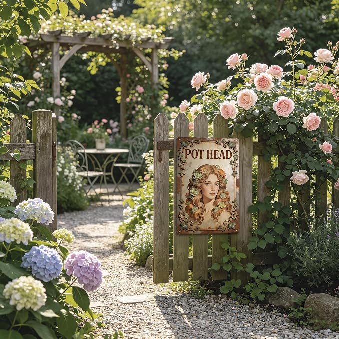 2D Flat Funny Garden Signs, Pot Head Vintage Garden Decor, Outdoor Wall Decor for Patio Yard Greenhouse Home, Waterproof Garden Gifts 8x12 Inch