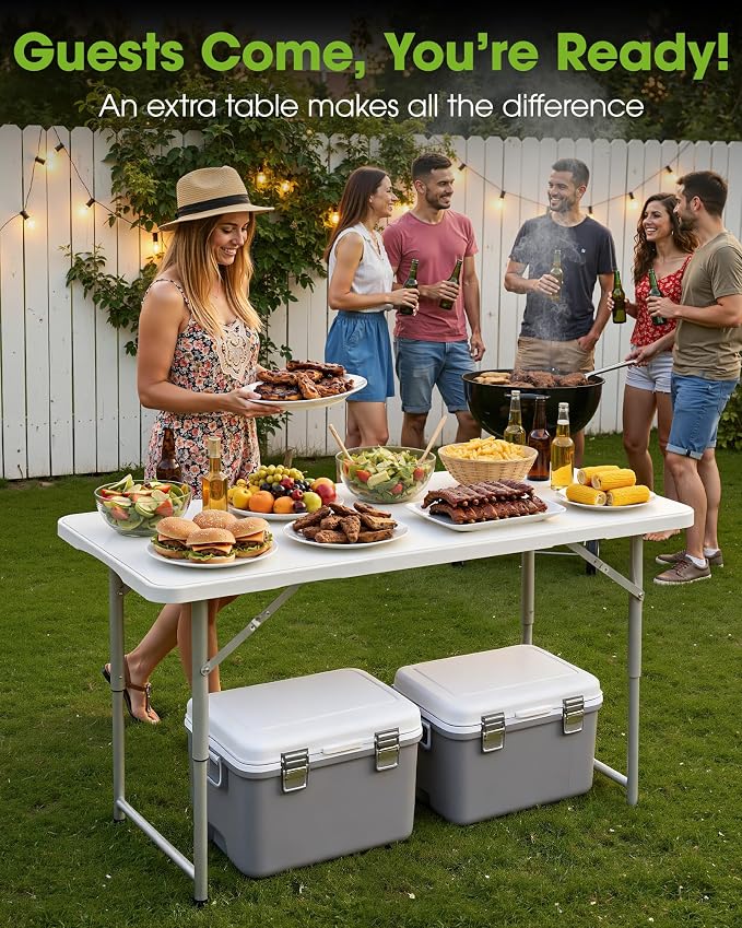 Pureegg 4FT Folding Table - No Assembly Required, Versatile Dining Table with Carrying Handle & Tabletop Safety Lock, Portable Foldable Table for Party, Craft, Camping, Picnic, White