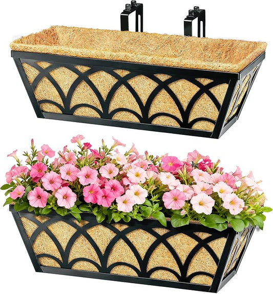 16 Inch Railing Planter Box Window Boxes Planters - 2 Pack Deck Railing Planter Boxes with Adjustable Brackets Coco Liners Balcony Planters Railing Hanging for Window Flower Boxes Outdoor Garden Decor