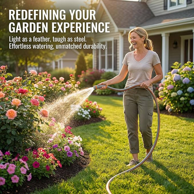 PremiumPro 50FT 5/8" Heavy Duty Reinforced Garden Hose, Large Flow,600 PSI Burst Pressure, Four Layer Hybrid Polymer Anti Kink with 360 Swivel Brass Connectors and handle for yard,washing & irrigation
