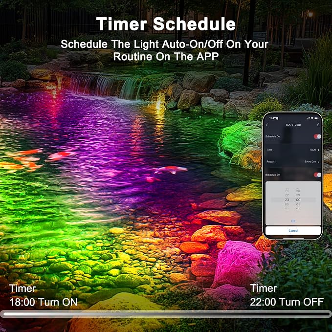 RGB Pond Light with APP, 6W Frog Fountain Lights with 12V Transformer, IP68 Waterproof Underwater Pond Lights with Long Cables for Ponds Waterfall Fountain Gardens Water Feature, 2 SpotLights