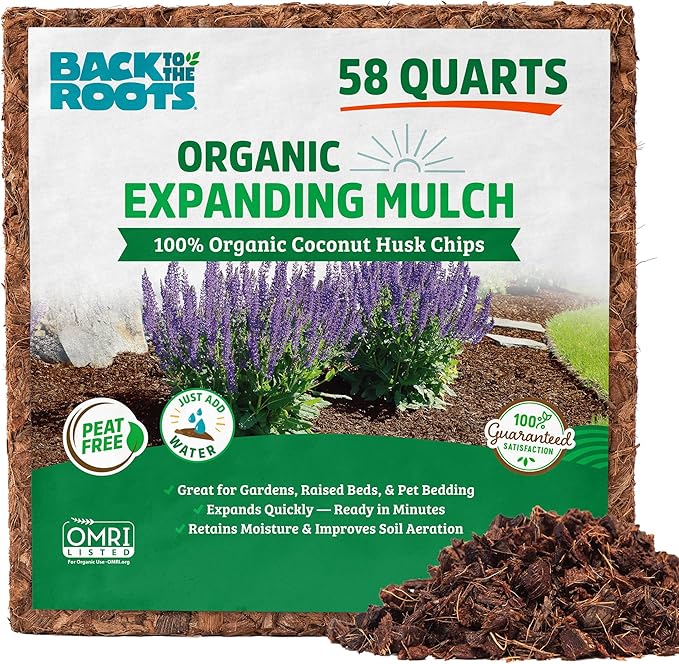 Back to the Roots 100% Organic Mulch, 58 Quart (2 Cubic ft), Expanding Coconut Husk Block for Gardening