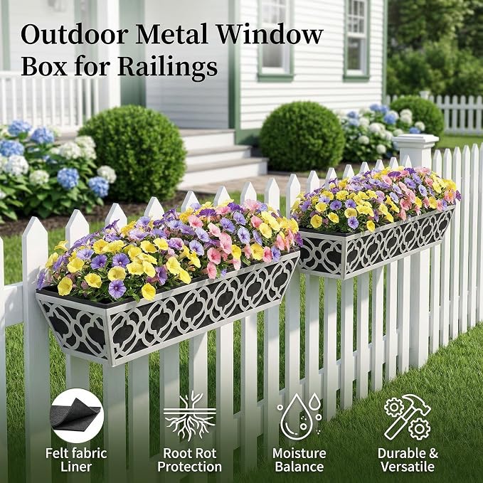 4 Pack 24 Inch Railing Planter Boxes with Adjustable Brackets & Non-Woven Liner, Deck Window Hanging Flower Box for Balcony, Fence, Patio, Outdoor Garden, Gray