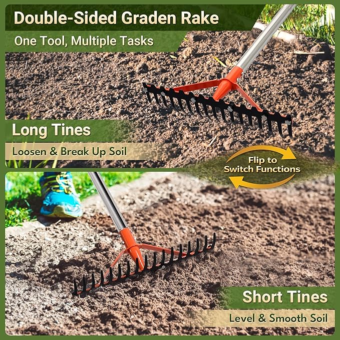 Garden Rake 17 Tempered Spring Steel Tines Heavy Duty Rake for Lawns Bow Rakes Metal Rakes with 62 Inch Stainless Steel Adjustable Long Handle for Loosening Soil Yard Work