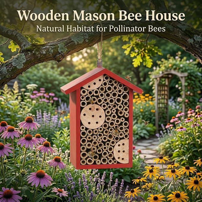 Topadorn Red Wooden Bee House, Natural Bamboo Tube Bee Hotel for Mason Bees, Outdoor Garden Pollinator Shelter with Hanging Ring