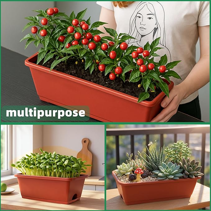 LOCONHA Window Box Planter, Plastic Vegetable Flower Planters Boxes 17 Inches Rectangular Flower Pots with Saucers for Indoor Outdoor Garden, Patio, Home Decor (12, Brick Red)