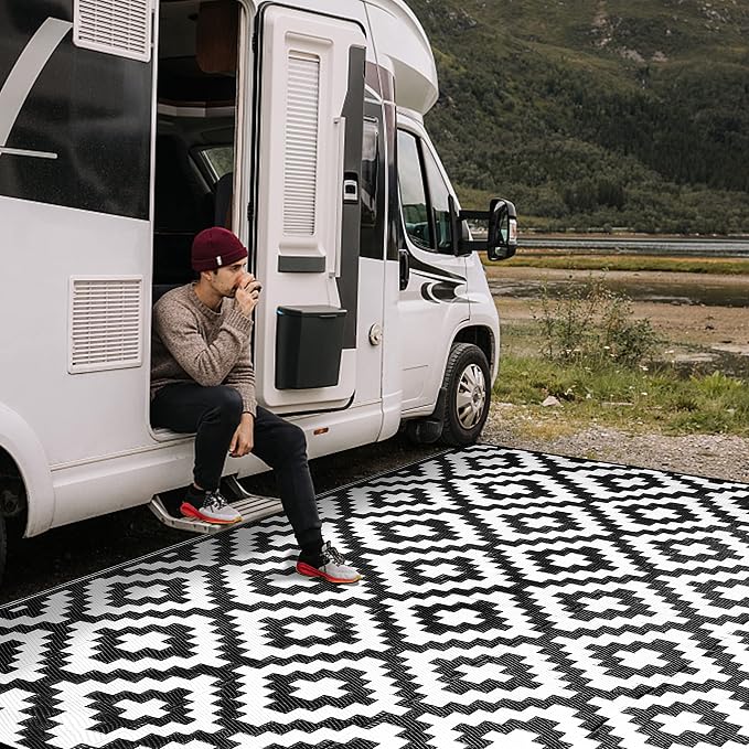 SAND MINE Waterproof Outdoor Rug 6x9 ft, Reversible Mats, Modern Area Rug, Large Floor Mat and Rug for Outdoors, RV, Patio, Backyard, Deck, Picnic, Beach, Trailer, Camping, Black & White Lattice
