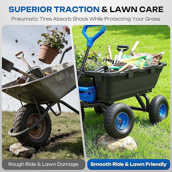 900LB Garden Dump Cart, 2026 Upgraded Heavy Duty Wheelbarrow Cart with 10" Non-Slip Pneumatic Tires & Quick-Release System, 4-Wheel Steel Frame Wagon for Transportation in Yard, Farm, Garden