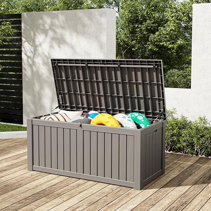Outdoor Storage Box, 160 Gallon Resin Deck Boxes Outdoor Waterproof For Patio Furniture, Garden Tools, Pool Supplies, Lockable And UV Resistant (Striped Gray)