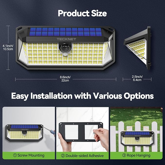 TECKNET 4200LM 416 LED Solar Lights Outdoor IP66 Waterproof,Solar Motion Lights Outdoor with 300° Angle & 3 Lighting Modes,Solar Outdoor Lights for Patio Yard Deck Front Garden Garage- 4 Pack