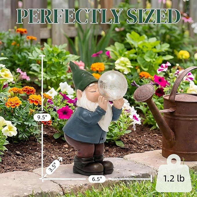 Solar Garden Gnome with Glowing Bubble Light | Waterproof Outdoor Statue for Patio, Yard & Garden Decor
