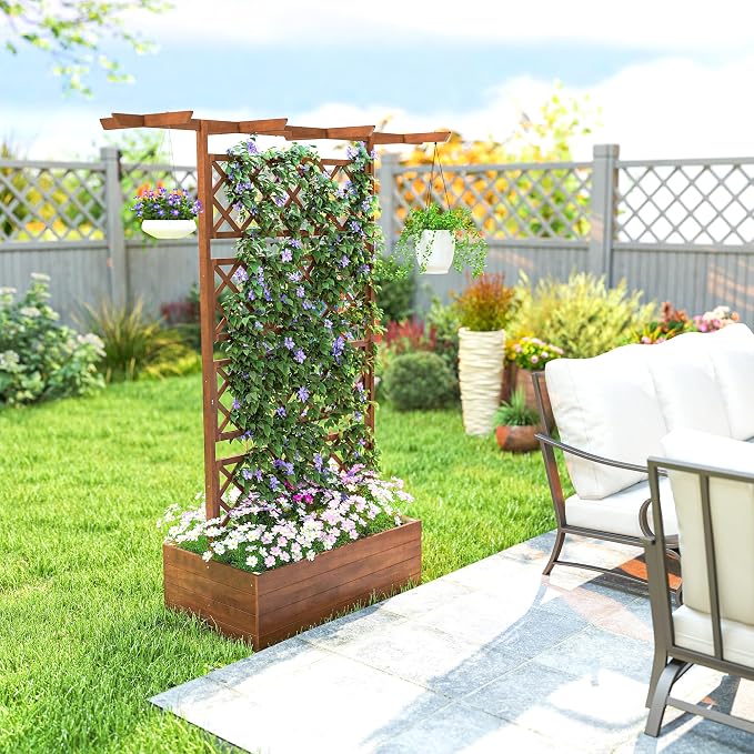 Outsunny Wood Planter Box with Trellis, Raised Garden Bed Privacy Screen Planter Box for Climbing Plants, Vines, Vegetables, Flowers, 63" x 21.75" x 72"