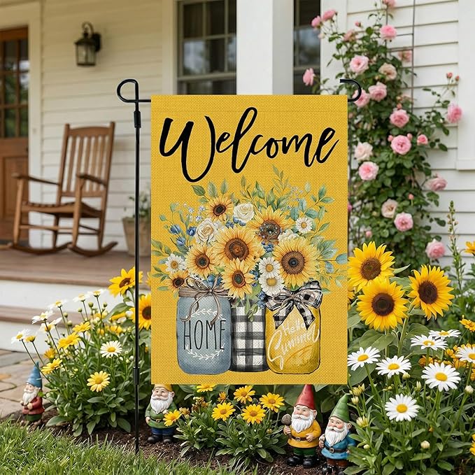 CROWNED BEAUTY Summer Garden Flag Sunflowers Mason Jars 12x18 Inch Double Sided Small Yellow Floral Seasonal Holiday Decoration for Outside Yard