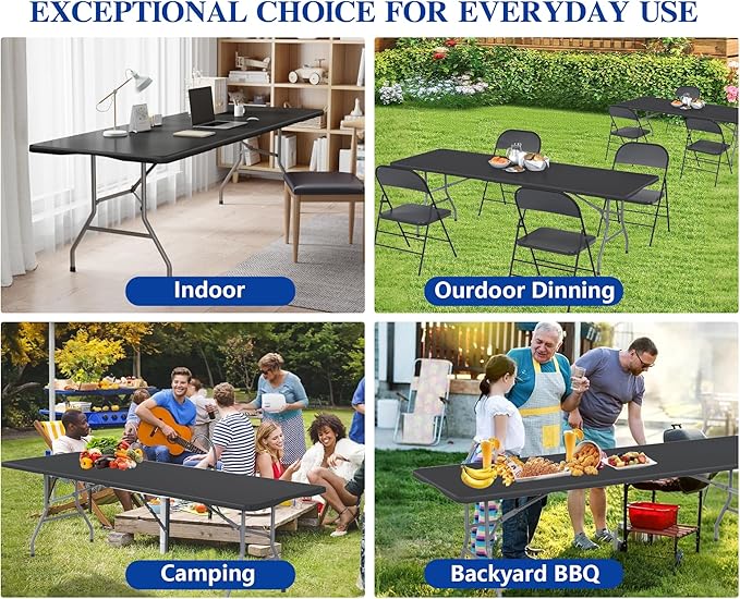 2 Pack 8FT Black Folding Table for Outdoor, 8 Foot Picnic Tables No Assembly Required Portable, Black Foldable Table for Camping, Parties, Meeting, Events, Wedding, with Carrying Handle