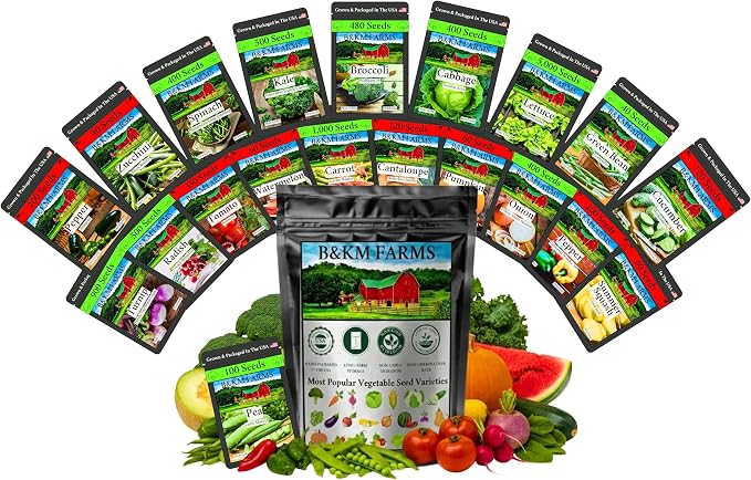 20 Vegetable Seeds Variety Pack 10,000+ Count - Essential Heirloom Garden Seeds for Planting: Non-GMO, Grown in USA; Moisture-Proof Mylar Storage, High Germination Survival Seeds for Beginners