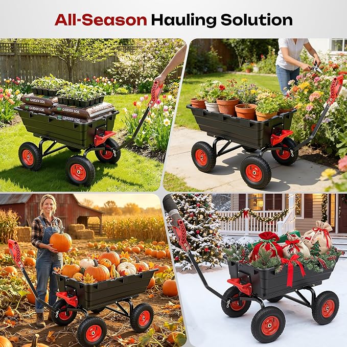 1200lbs Garden Dump Cart,7 Cu.Ft Utility Wagon Cart with Hitch,Heavy Duty Yard Dump Wagon Wheelbarrows with 13" All Terrain Wheels & 2-in-1 Handle,Tow Behind for Lawn Mower Tractor ATV