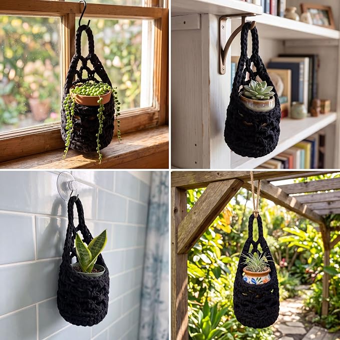 6 Pk Wall Planters for Indoor Macrame Plant Hanger Boho Wall Mounted Flower Baskets Hanging Planter, Plants and Pots are Not Included (Black,4 x 8 Inch)