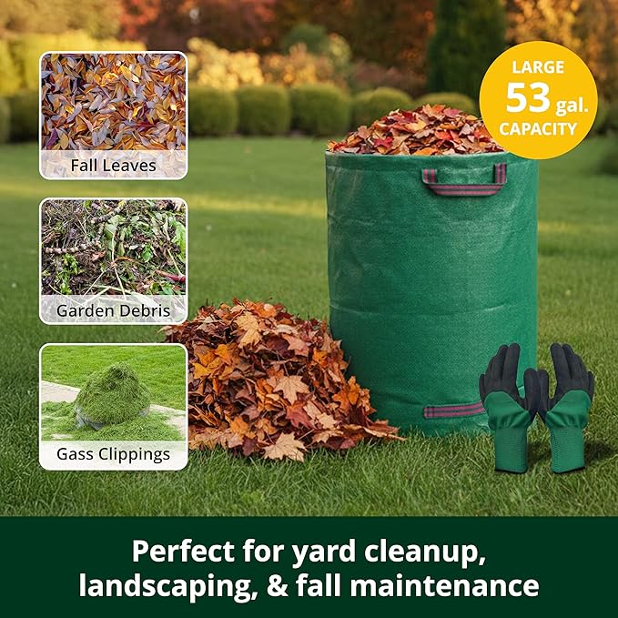 GardenHOME 53 Gallon Reusable Yard Leaf Bags with Gloves, Heavy Duty Garden Waste Bags with Reinforced Handles for Leaves, Grass, and Lawn Trash Collection Pack of 3