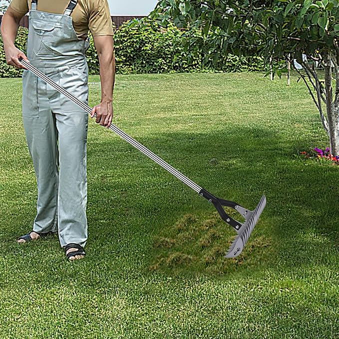 YEELOR Thatch Rake with 58.5-inch Adjustable Handle, 15-inch Efficient Steel Metal Rake Head, Suitable for Garden, Yard, and Lawn – Removes Thatch and Collects Debris