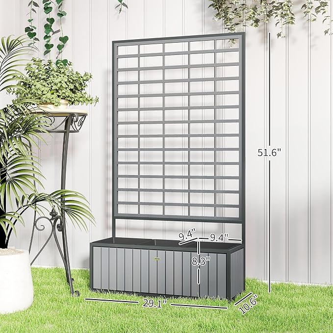 Outsunny Wooden Raised Garden Bed with Trellis, Removable Pots, Drainage Holes for Climbing Vines, Vegetables, Flowers, Raised Planter Box for Backyard, Patio, Balcony, 29 x 11 x 52 in., Gray