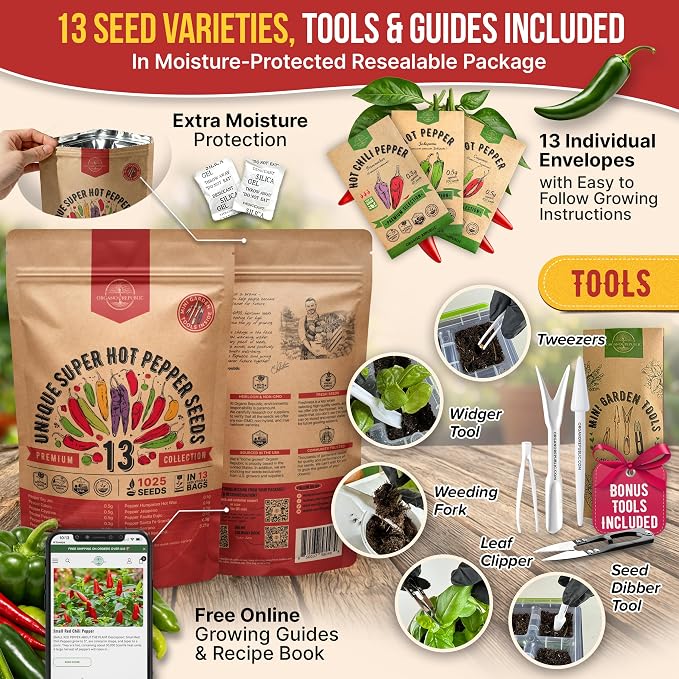 Organo Republic 13 Unique Super Hot Pepper Seeds Variety Pack - 1,020+ Non-GMO Heirloom Pepper Seeds for Outdoor and Indoor Home Gardening, Including Pepper Caloro, Firecracker, Habanero, Fresno Chili