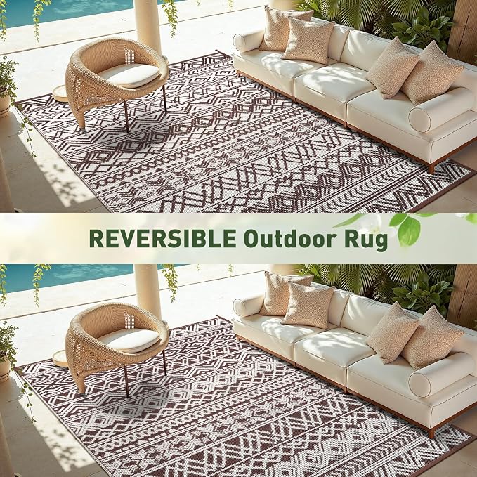 MontVoo Outdoor Rug Carpet Waterproof 5x8 Outdoor Patio Rug Mat Reverisble Plastic Straw Outdoor Rug for RV Camping Picnic Beach Balcony Boho Beige Brown