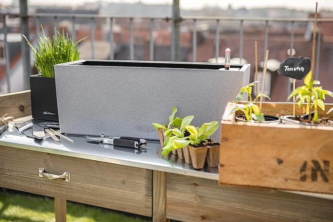 Lechuza BALCONERA Stone 50 Stone Grey, Self-Watering Window Box (Railing Planter), H7.5 L19.7 W7.5 in