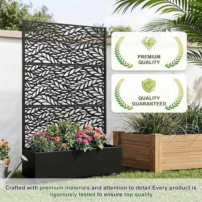 Casaphoria Metal Raised Garden Bed with Trellis and Wheels, 72"x47"x16" Planter Box for Climbing Plants, Vegetables & Vines, Features Drainage Holes and Privacy Screen (Black-Spring)