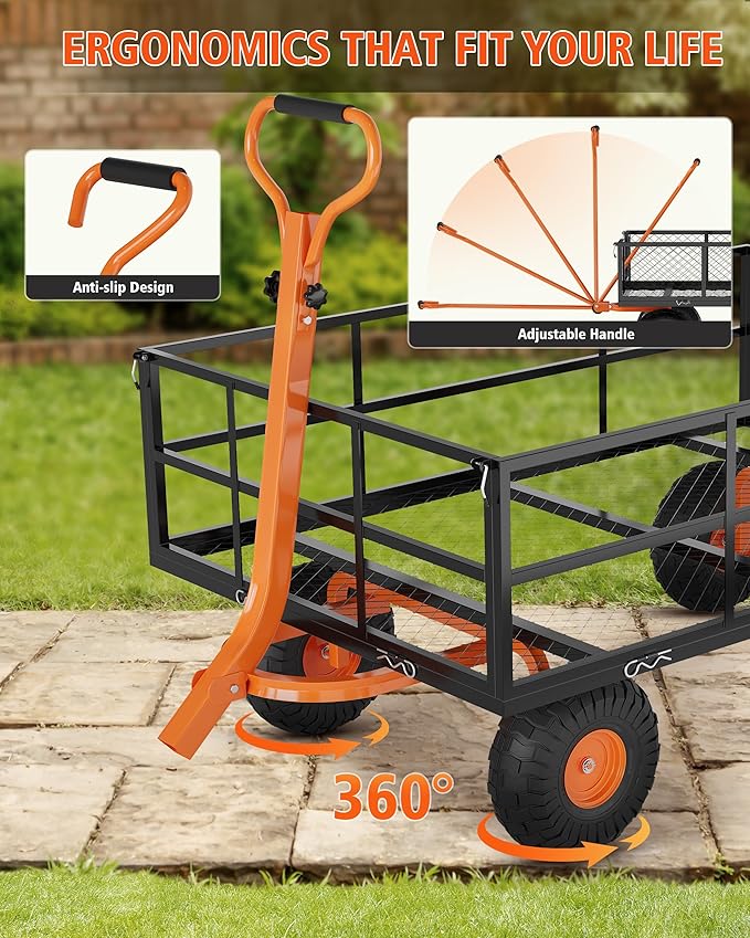 Heavy Duty Steel Garden Cart Wagon, 1200LBS Capacity Utility Trailer with Removable Mesh Sides, Convertible Flatbed for Lawn Mower, Yard Work, Soil, Mulch & Plant Transport