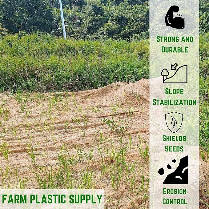 Farm Plastic Supply - Erosion Control Blanket - Straw Garden and Landscape Cover, Erosion Control Blanket, Straw Blanket, Erosion Control, Mulch, Slope Stabilizer, and Seed Protector (8' x 112.5')