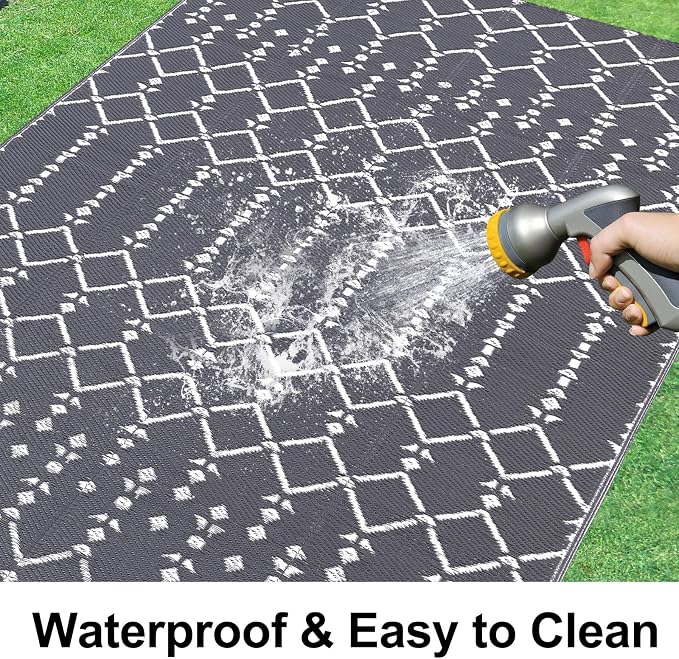 Smiry Outdoor Rug 9x12 ft, Waterproof Reversible Plastic Straw Rugs, Boho Outdoor Area Rug, Outside Floor Mat for Patio, Backyard, Deck, Picnic, Beach, Camping, Grey
