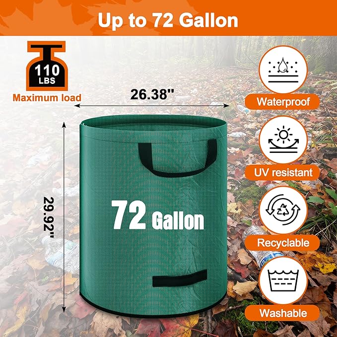 Kendo 72 Gallon Reusable Yard Bags, Heavy Duty 3 PCS Garden Leaf Bags with 4 Reinforced Handles for Fall Leaf Cleanup Grass Clippings Camping Trash