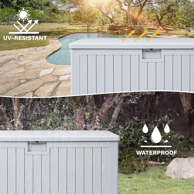 DWVO 180 Gallon Resin Outdoor Storage Box, XXL Double-Wall Waterproof Deck Box, Doubles as Table or Seating with 1000 lbs Capacity, Lockable (Grayish-White)