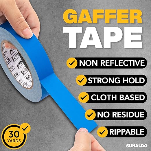 Gaffers Tape Heavy Duty, Easy to Rip, Residue-Free Professional Grade Floor Tape for Electrical Cords, Matte Finish Non Reflective, Weather Resistant (1, Blue, 1" x 30 Yards)