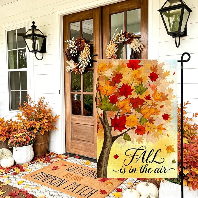 Fall Garden Flag 12x18 Inch, Double Sided Autumn Tree Maple Leaves Burlap Flag for Yard Outdoor Decoration