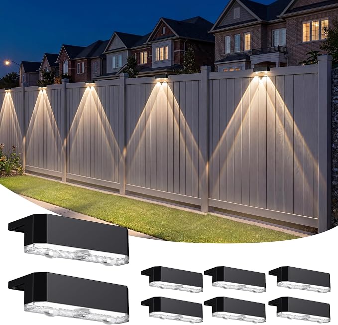 Peasur 8 Pack Solar Fence Lights Outdoor, Railing Light Solar Powered, IP65 Waterproof Led Deck Solar Lights for Outside Backyard Balcony Porch, Warm White