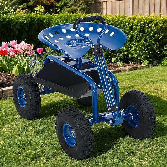 Rolling Garden Cart Workseat with Wheels, 360 Degree Swivel Gardening Stool, Extendable Steering Handle, Tool Tray, 10-Inch Inflatable Tires, Reinforced Steel Frame