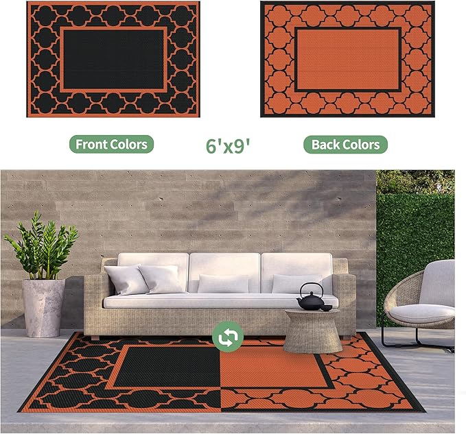 GENIMO 6' x 9' Outdoor Rug Waterproof for Patio Decor, Foldable Reversible Plastic Straw Area Rugs Mat for Camper, Outside Carpet for Rv, Deck, Porch, Picnic, Beach, Balcony, Black & Orange