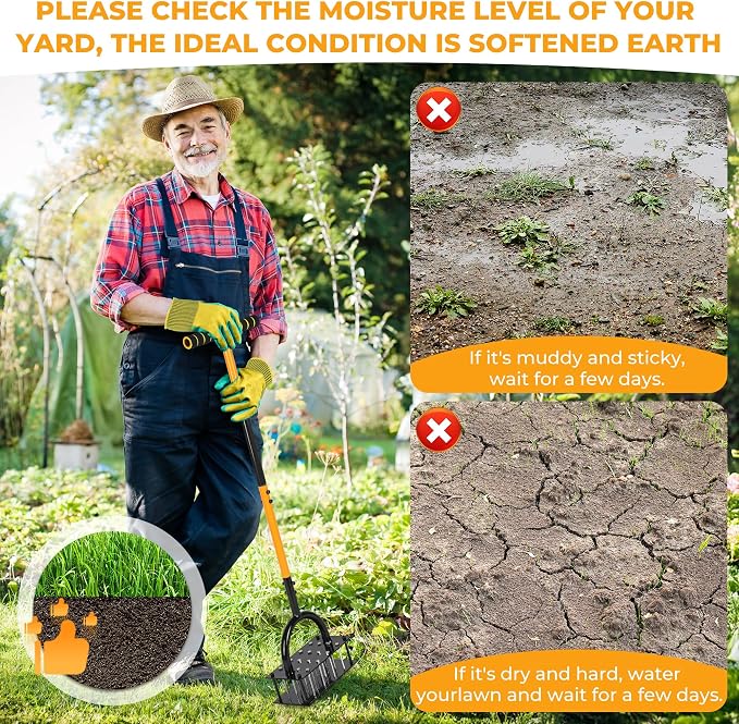 Lawn Aerator, Aerator Lawn Tool with 16 Spikes Spring Base and Gloves Pre-Assembled Manual Yard Aerator Tool Automatic Leaf and Dirt Cleaning for Yard Lawn Garden Aeration