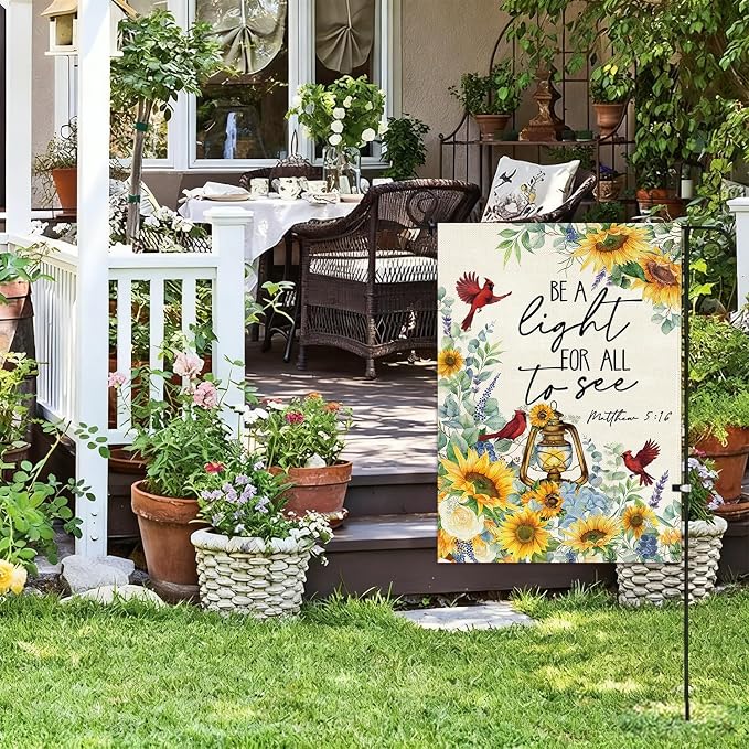 Baccessor Spring Summer Garden Flag 12.5x18 Inch Double Sided Burlap, Sunflowers Cardinal Floral Flowers Welcome Holiday Front Yard Lawn Outdoor Outside Decoration