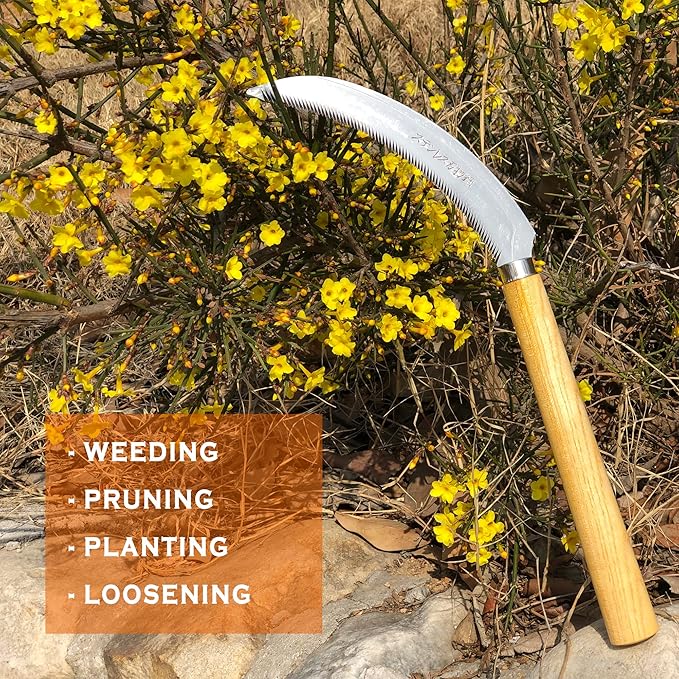 Grass Sickle with Sawtooth Japanese Weeding Hoe Weeding Tools for Garden High Toughness Stainless Steel with Hard Solid Wood Handle(Yellow)