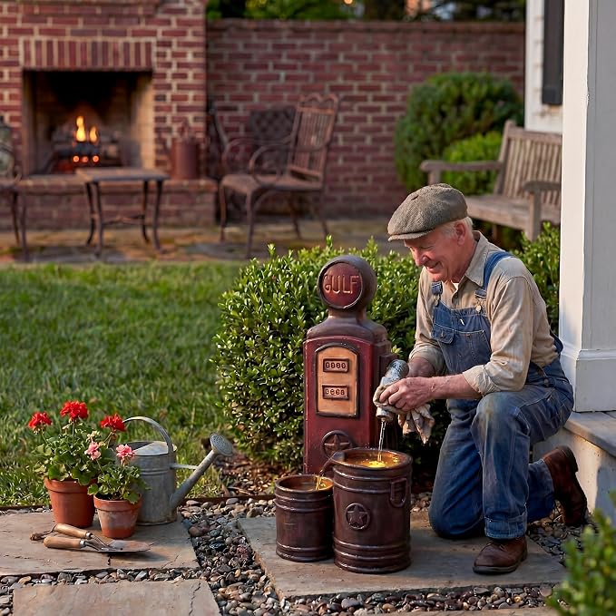 20-Inch Outdoor Water Fountain, 3-Tier Outdoor & Indoor Vintage Gas Pump Statue Resin Waterfall Fountain with 2 LED Lights, Home Decor for Patio, Garden, Backyard, Deck, Lawn, Porch in Red