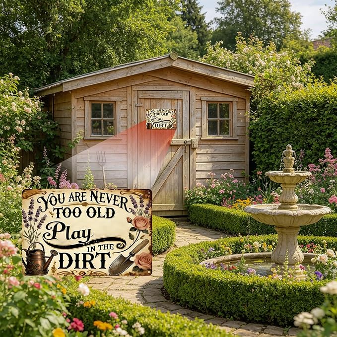 Funny Garden Signs, Vintage Garden Gift, Garden Decor for Outside, You Are Never Too Old Play in The Dirt Sign, Weatherproof Aluminum Outdoor Decor for Patio Yard Greenhouse Home, Wall Decor 12x8 Inch
