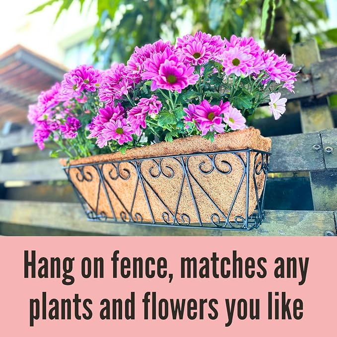 LaLaGreen Wall Planters - 2 Pack, 16 Inch Window Flower Boxes Outdoor, Deck Railing Hanging Metal Wire Basket Black with Coco Liners Horse Troughs Fence Balcony Garden Farmhouse Patio Porch Over Rail
