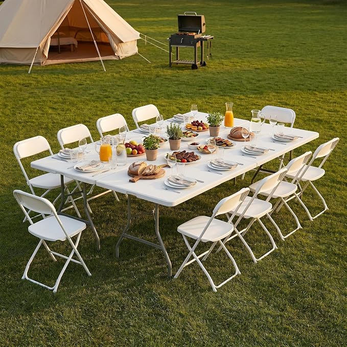 NEWBULIG 8 FT Foldable Table Easy to Fold and Store, Folding Picnic Table for Picnic Camping Kitchen Dining Party Outdoor Indoor with Carrying Handle, White