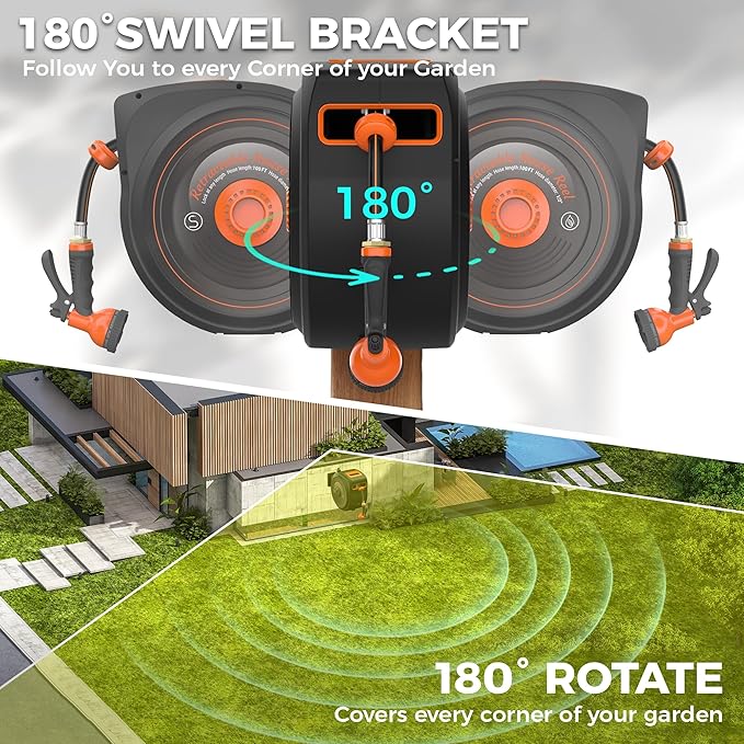 Mars Villa Retractable Garden Hose Reel 1/2 IN x 100 FT, Wall Mount Heavy Duty Water Hose for Outside, Auto-Rewind & Any Length Lock, 180° Swivel Bracket, Slow Return, 10 Spray Patterns, UV-Resistant