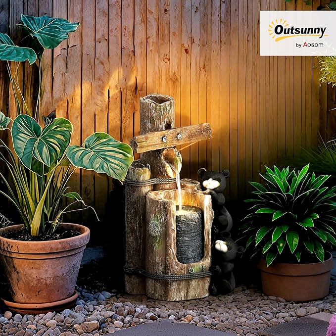 Outsunny 22.8" Tall Outdoor Water Fountain, 3-Tier Floor Standing Resin Bears on Log Waterfall Fountain with LED Lights, Pump for Garden, Patio, Backyard